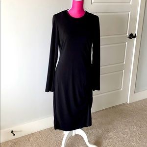 Black Knit Crepe Ruched Long Sleeved Dress